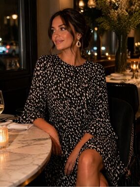 Hayden NWT Black White Spot Print Dress Size S 3/4 Bell Sleeve Tiered